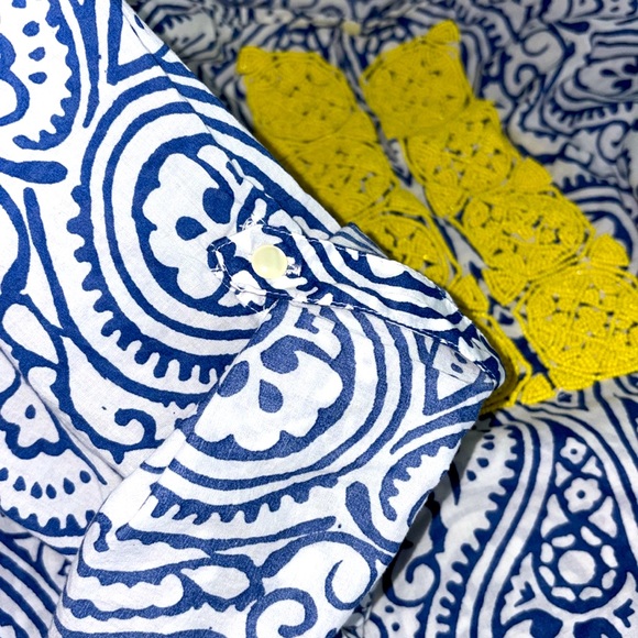 Talbots Women's 2XL Tunic Blouse Beaded V-Neck Long Sleeves Blue White Cotton - Picture 6 of 6